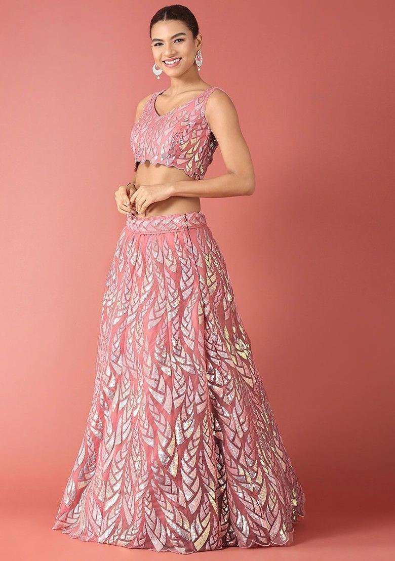 Pink Sequin Embroidered Net Lehenga Set