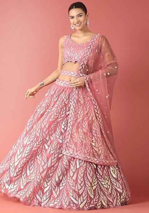 Pink Sequin Embroidered Net Lehenga Set