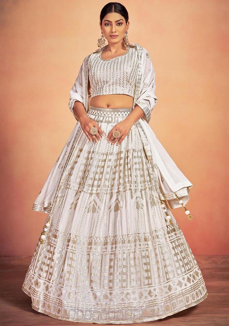 White Sequin Embroidered Georgette Lehenga Set