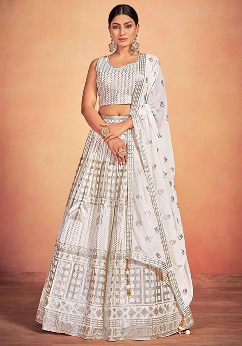 White Sequin Embroidered Georgette Lehenga Set