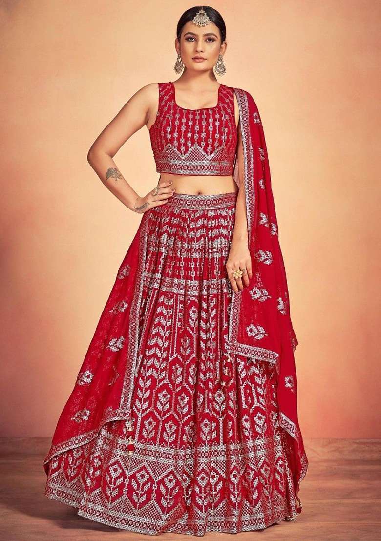 Red Sequin Embroidered Georgette Lehenga Set for Diwali and Festive Wear - Indya