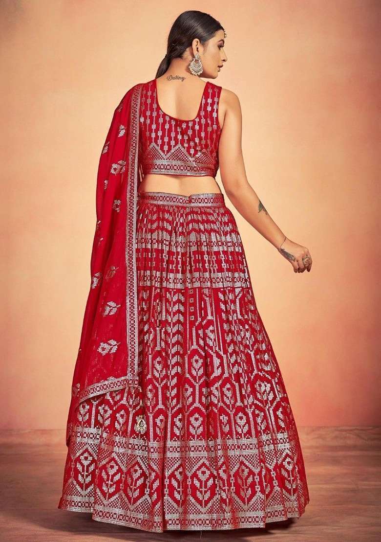 Red Sequin Embroidered Georgette Lehenga Set for Diwali and Festive Wear - Indya
