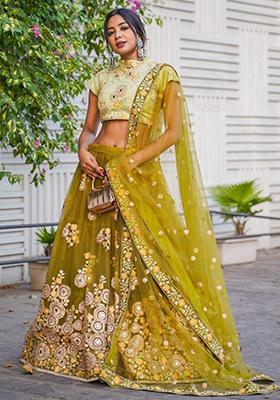 Green Embroidered Net Lehenga Set