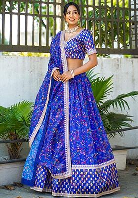 Blue Floral Print Organza Lehenga Set