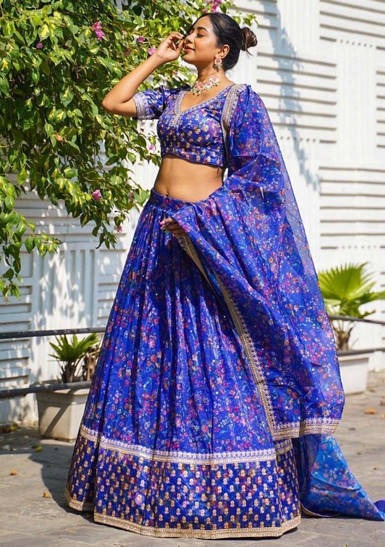Blue Floral Print Organza Lehenga Set