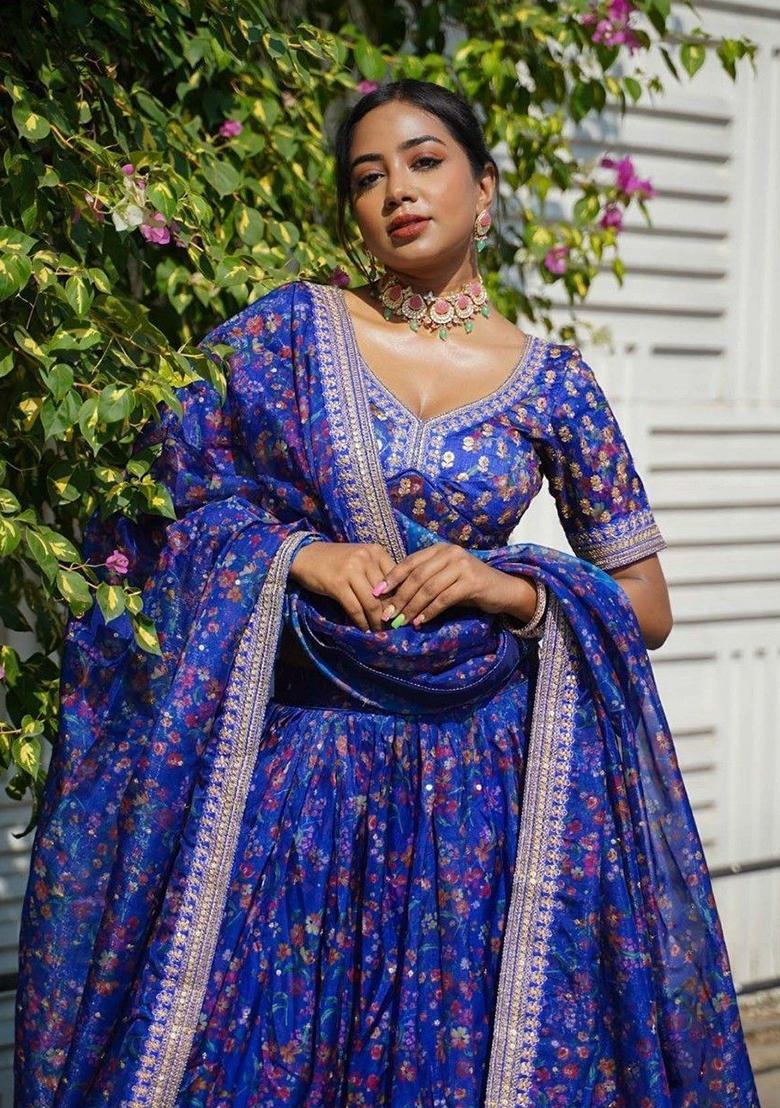 Blue Floral Print Organza Lehenga Set