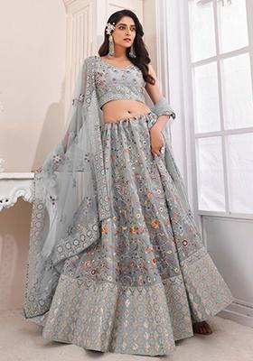 Grey Floral Print Art Silk Lehenga Set