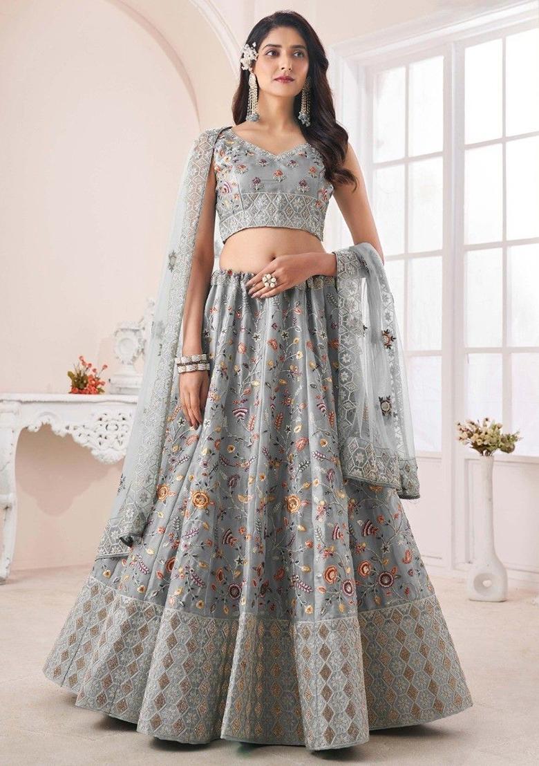 Grey Floral Print Art Silk Lehenga Set