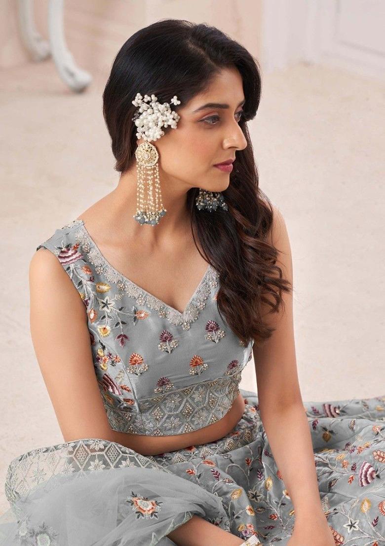 Grey Floral Print Art Silk Lehenga Set