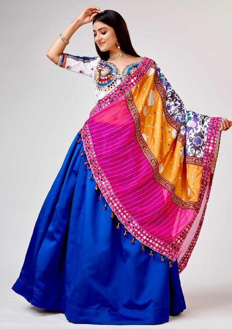 Blue Mirror Work Silk Lehenga Set