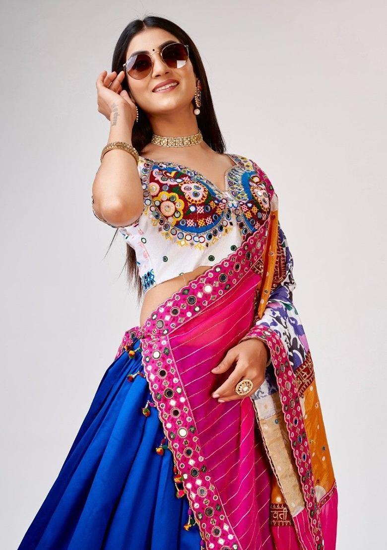 Blue Mirror Work Silk Lehenga Set