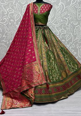 Green Zari Weaving Banarasi Silk  Lehenga Set