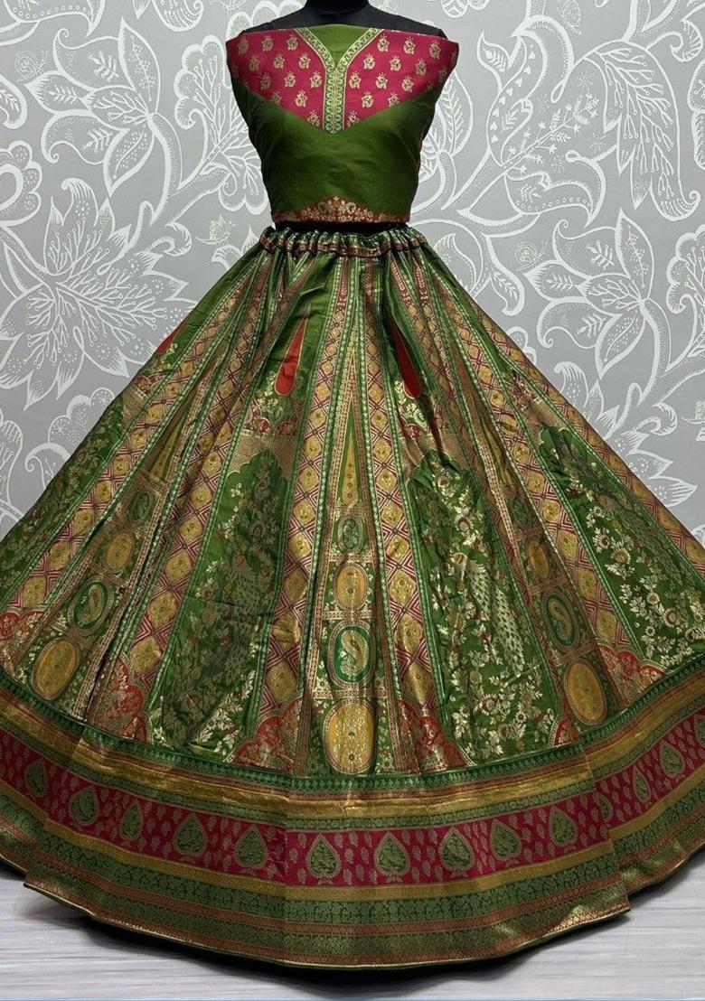 Green Zari Weaving Banarasi Silk  Lehenga Set