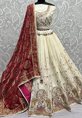 Off White Embroidered Georgette Lehenga Set