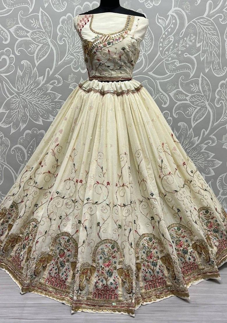 Off White Embroidered Georgette Lehenga Set
