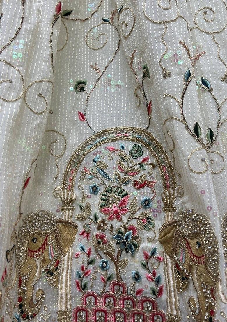 Off White Embroidered Georgette Lehenga Set
