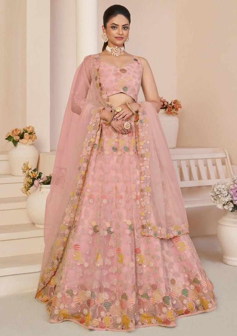 Pink Embroidered Net Lehenga Set