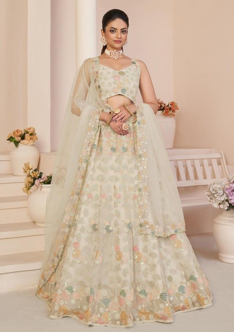 White Zari Work Net Lehenga Set
