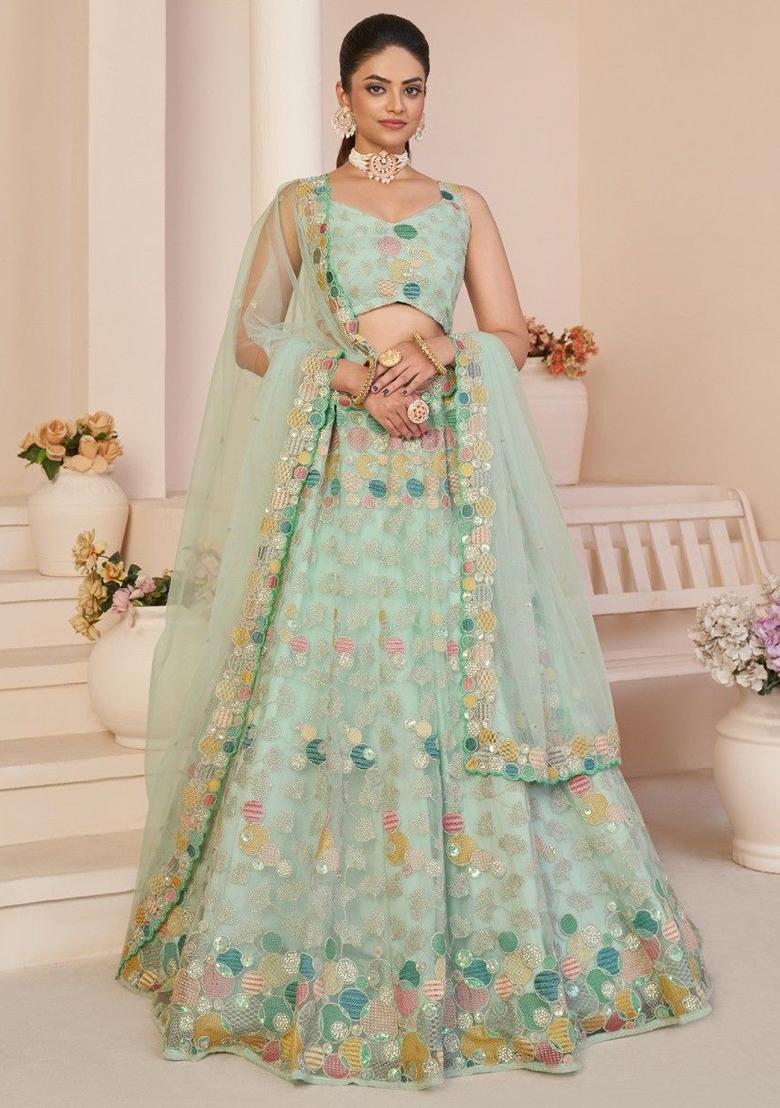 Sky Blue Sequin Embroidered Net Lehenga Set