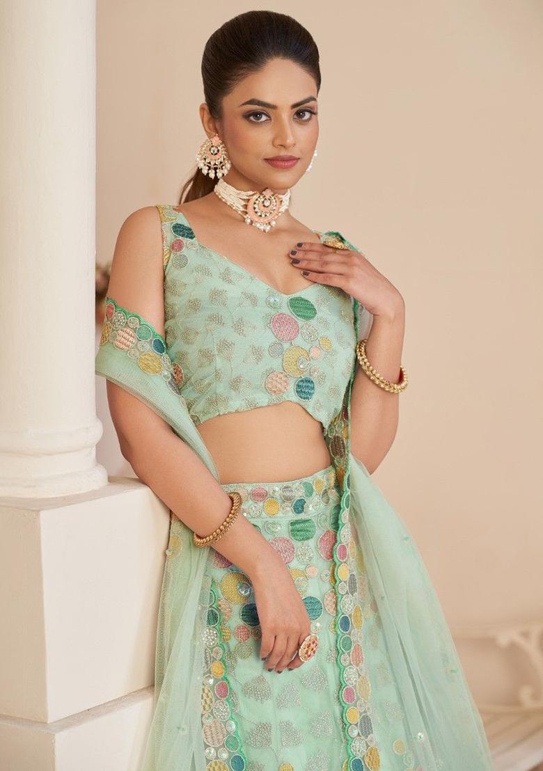 Sky Blue Sequin Embroidered Net Lehenga Set