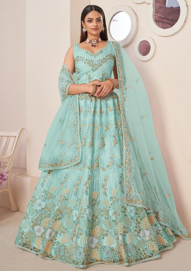 Sky Blue Sequin Embroidered Net Lehenga Set