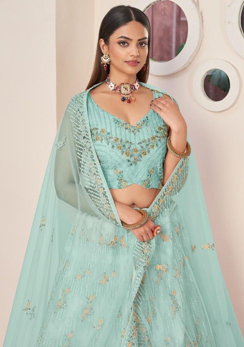 Sky Blue Sequin Embroidered Net Lehenga Set