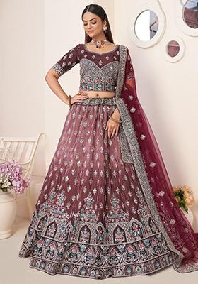 Maroon Stone Work Satin Lehenga Set