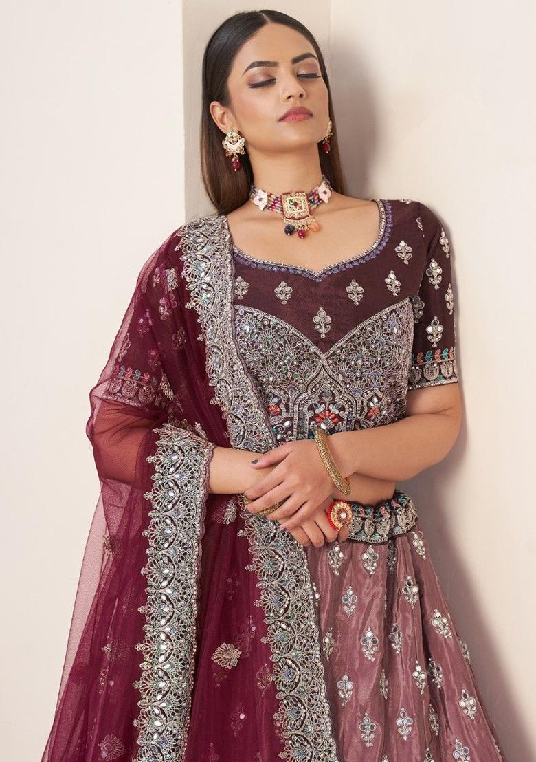 Maroon Stone Work Satin Lehenga Set