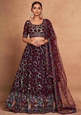 Maroon Sequin Embroidered Georgette Lehenga Set