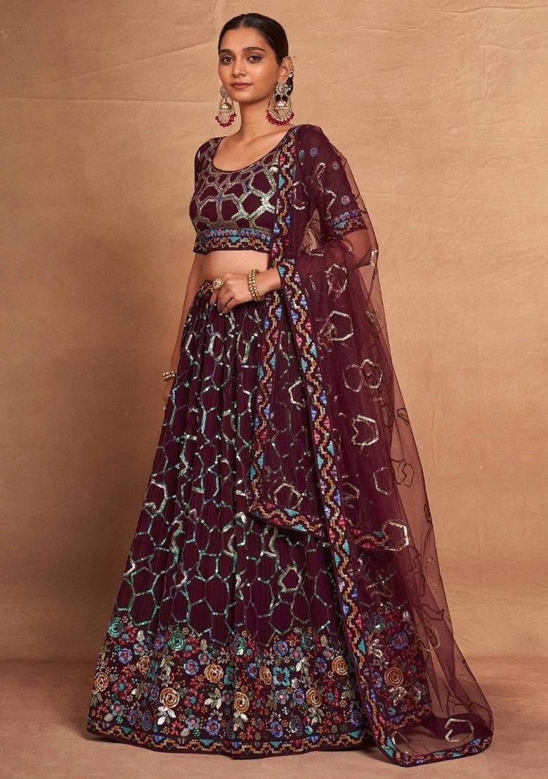 Maroon Sequin Embroidered Georgette Lehenga Set