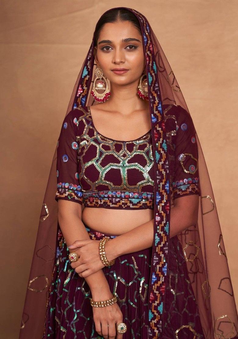 Maroon Sequin Embroidered Georgette Lehenga Set