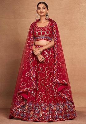 Red Sequin Embroidered Georgette Lehenga Set