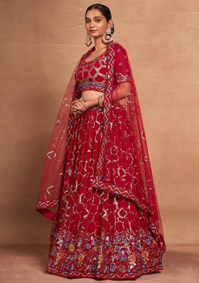 Red Sequin Embroidered Georgette Lehenga Set