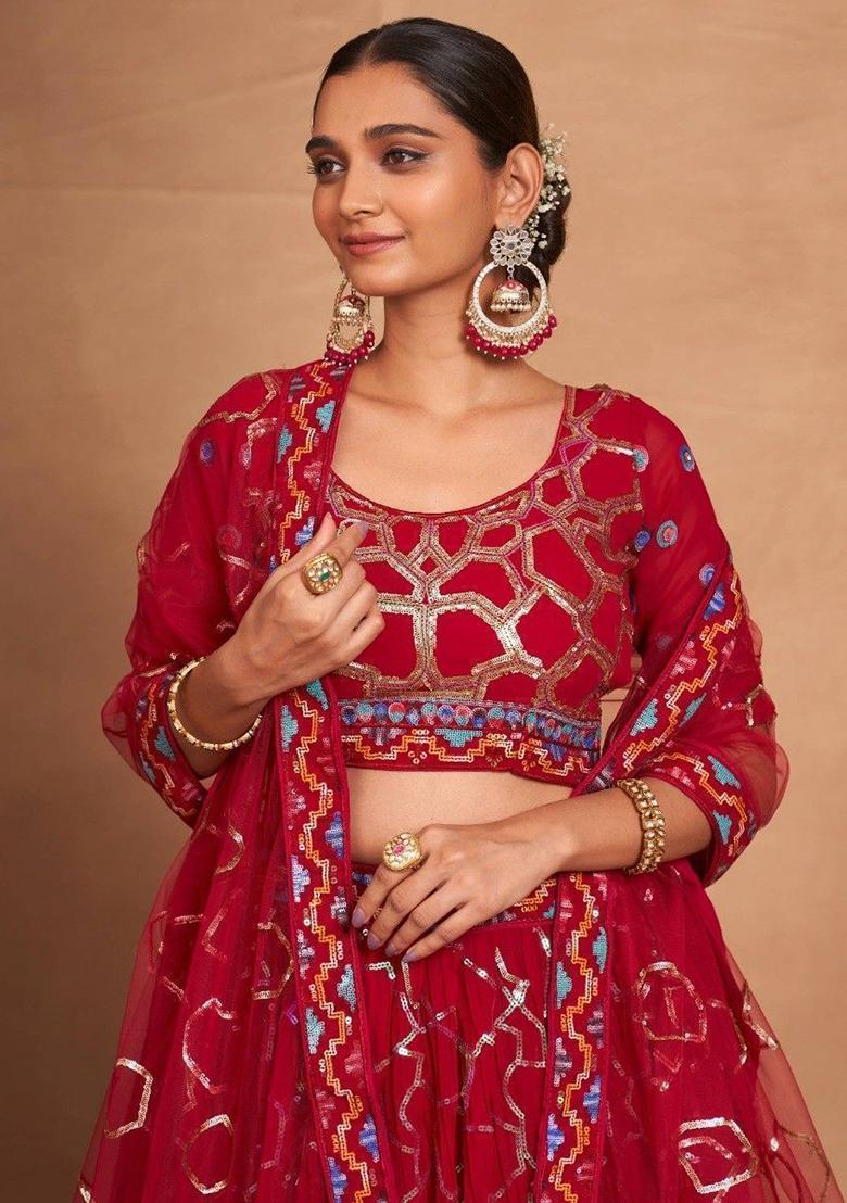 Red Sequin Embroidered Georgette Lehenga Set