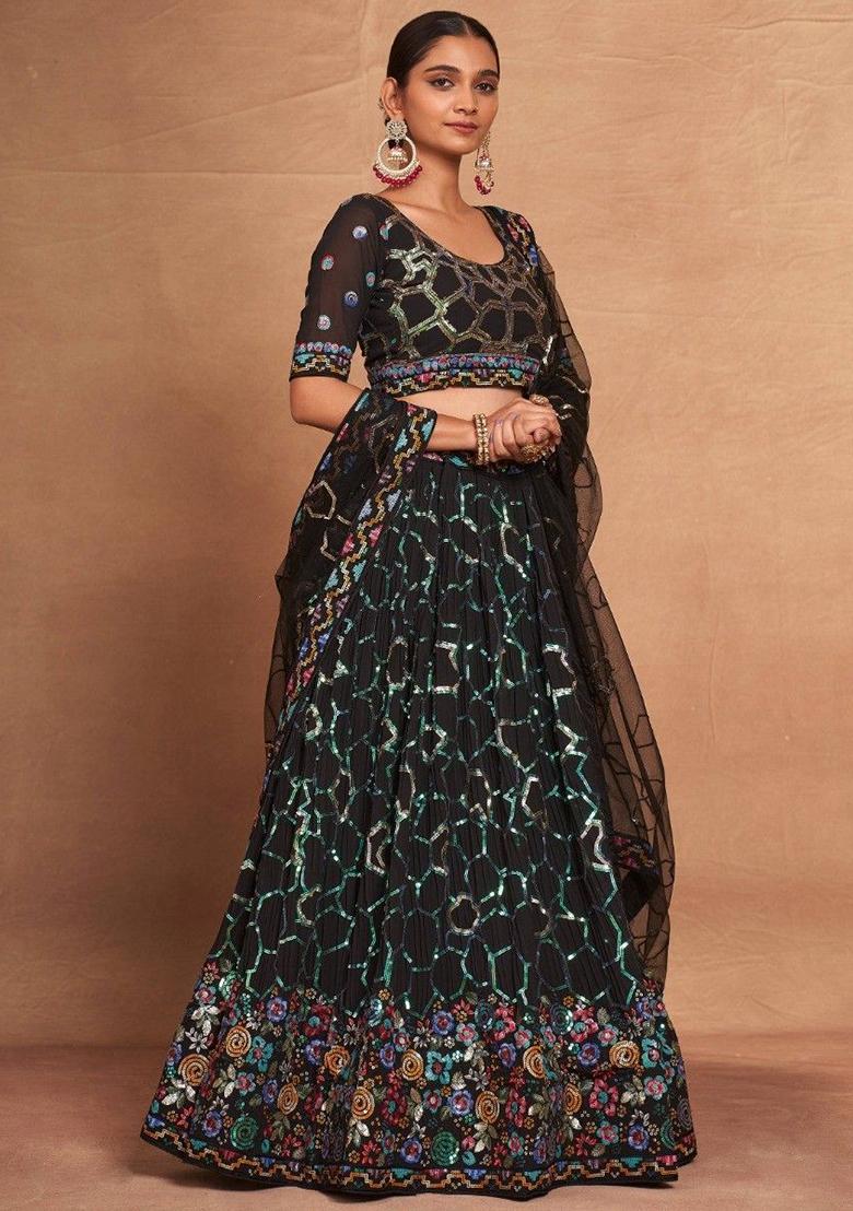 Black Sequin Embroidered Georgette Lehenga Set