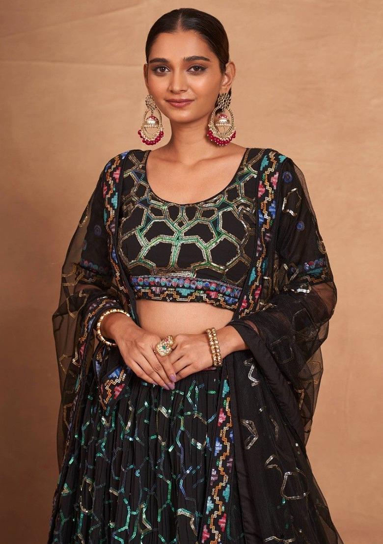 Black Sequin Embroidered Georgette Lehenga Set