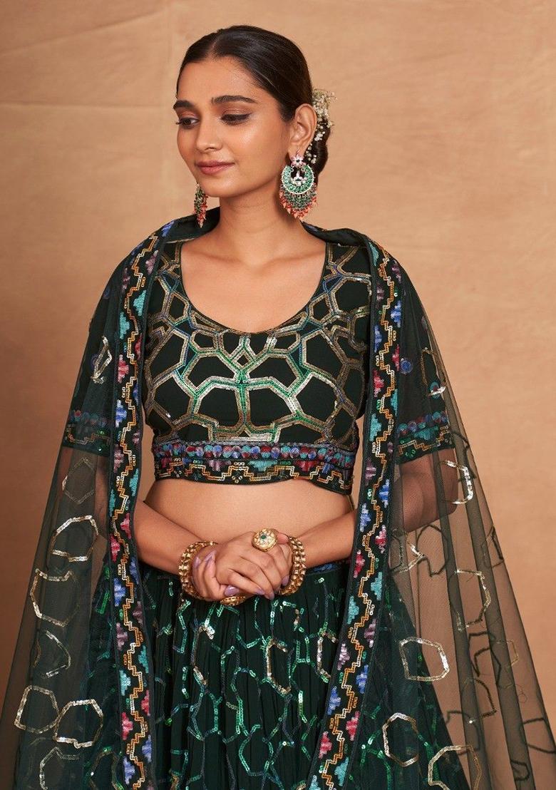 Green Sequin Embroidered Georgette Lehenga Set