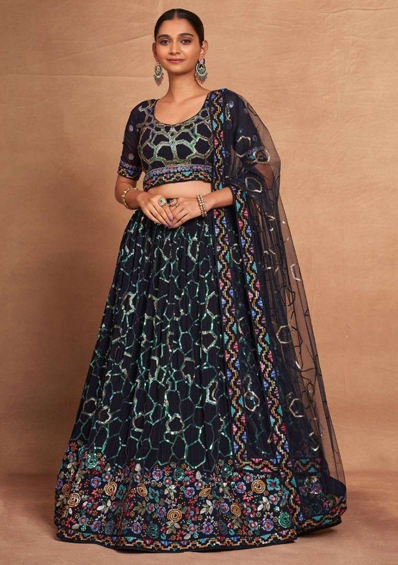 Navy Blue Sequin Embroidered Georgette Lehenga Set - Indya