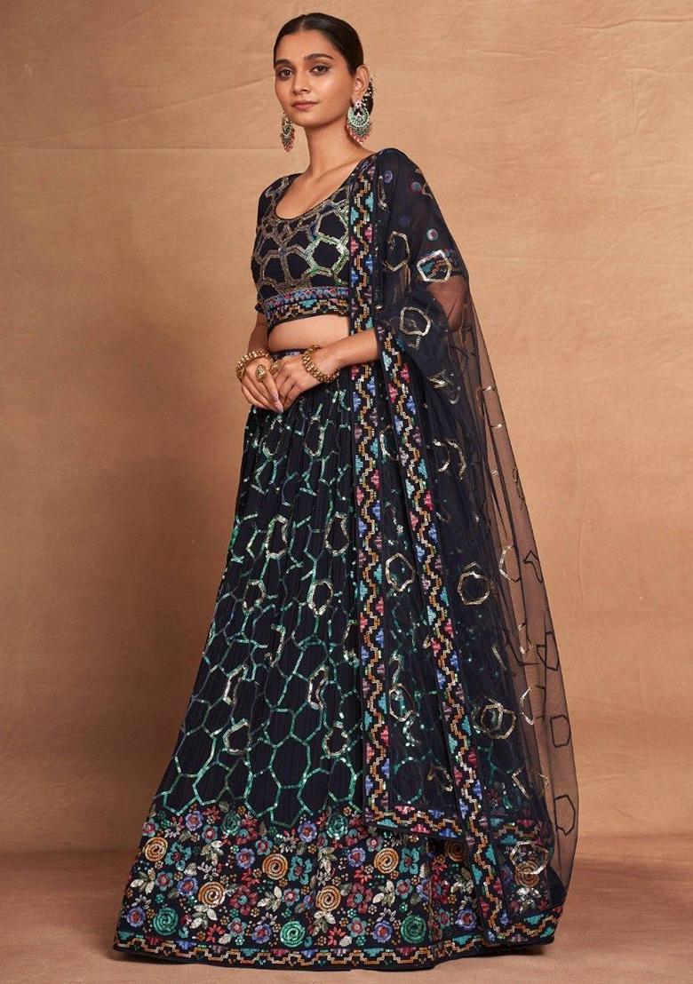 Navy Blue Sequin Embroidered Georgette Lehenga Set