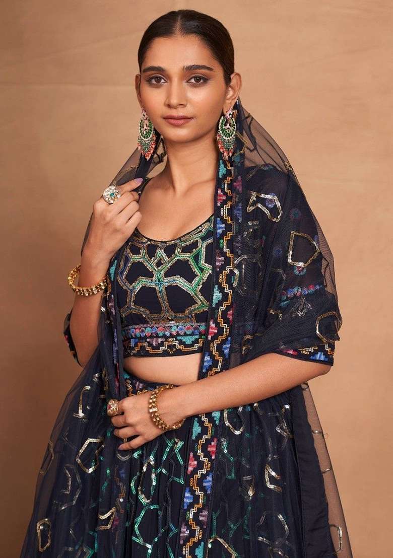 Navy Blue Sequin Embroidered Georgette Lehenga Set - Indya