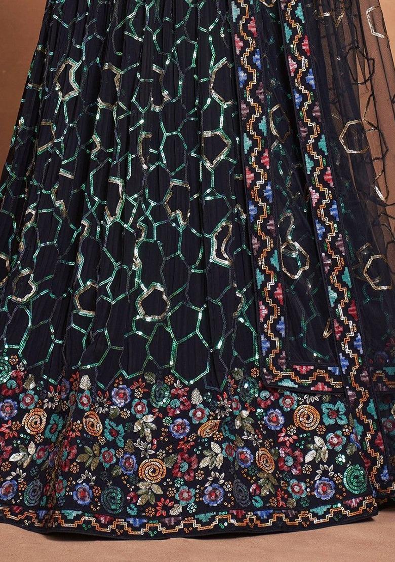 Navy Blue Sequin Embroidered Georgette Lehenga Set