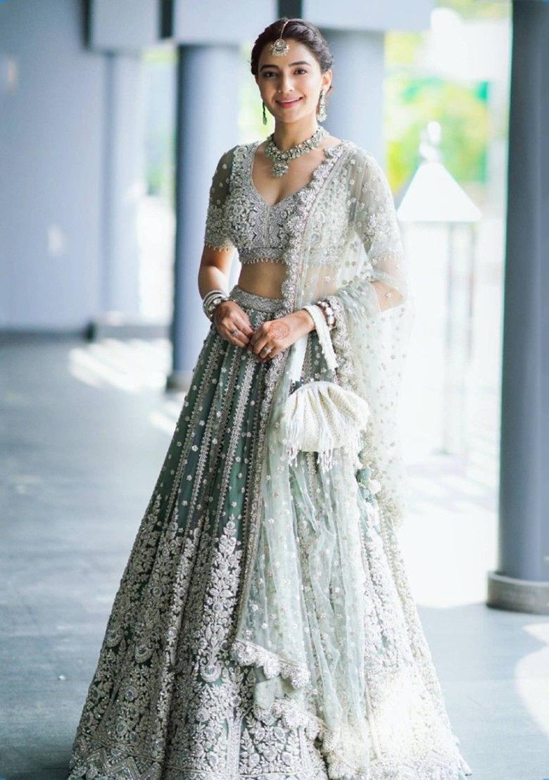 Green Sequin Embroidered Net Lehenga Set
