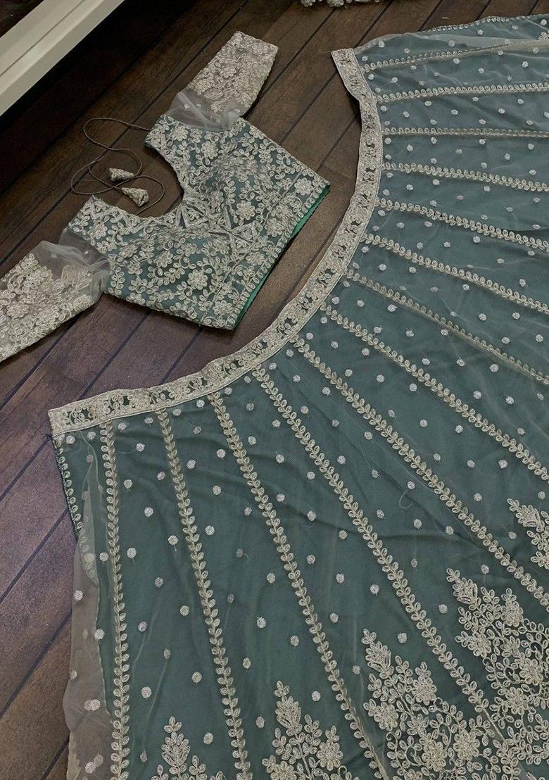 Green Sequin Embroidered Net Lehenga Set