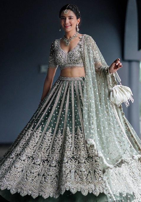 Green Sequin Embroidered Net Lehenga Set — view on Indya