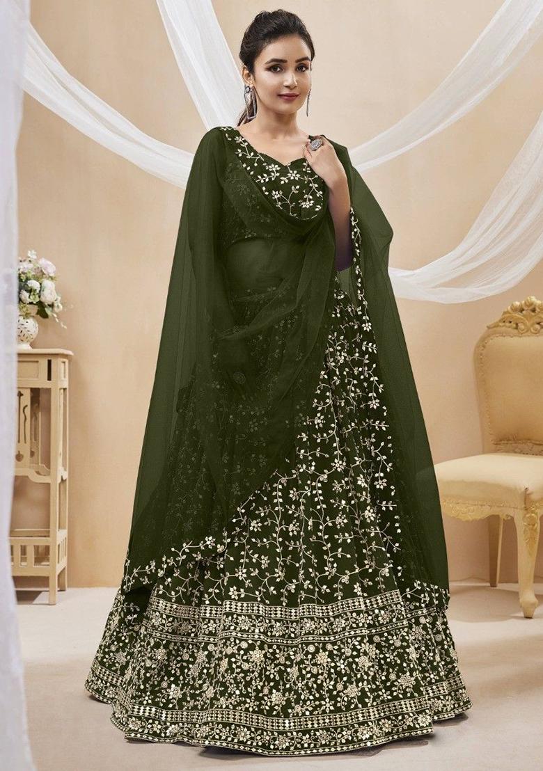 Green Embroidered Georgette Lehenga Set