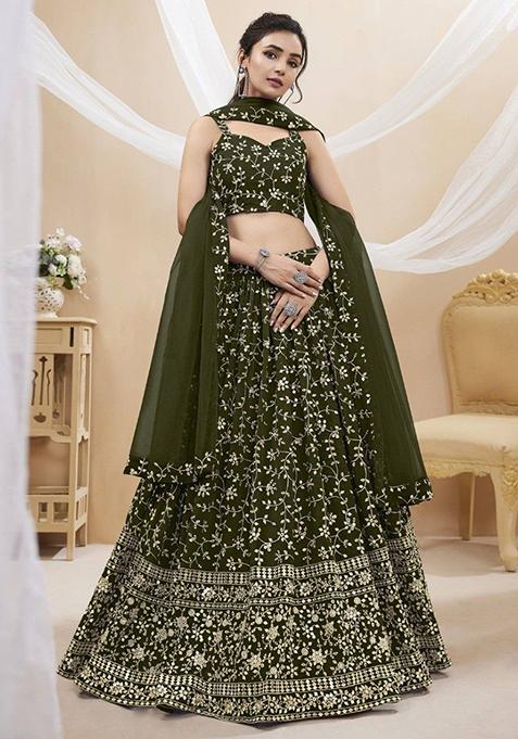 Green Embroidered Georgette Lehenga Set
