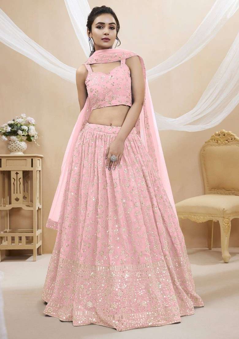 Pink Georgette Lehenga Set with Embroidered & Sequin for Diwali | Wedding & Festive Wear - Indya