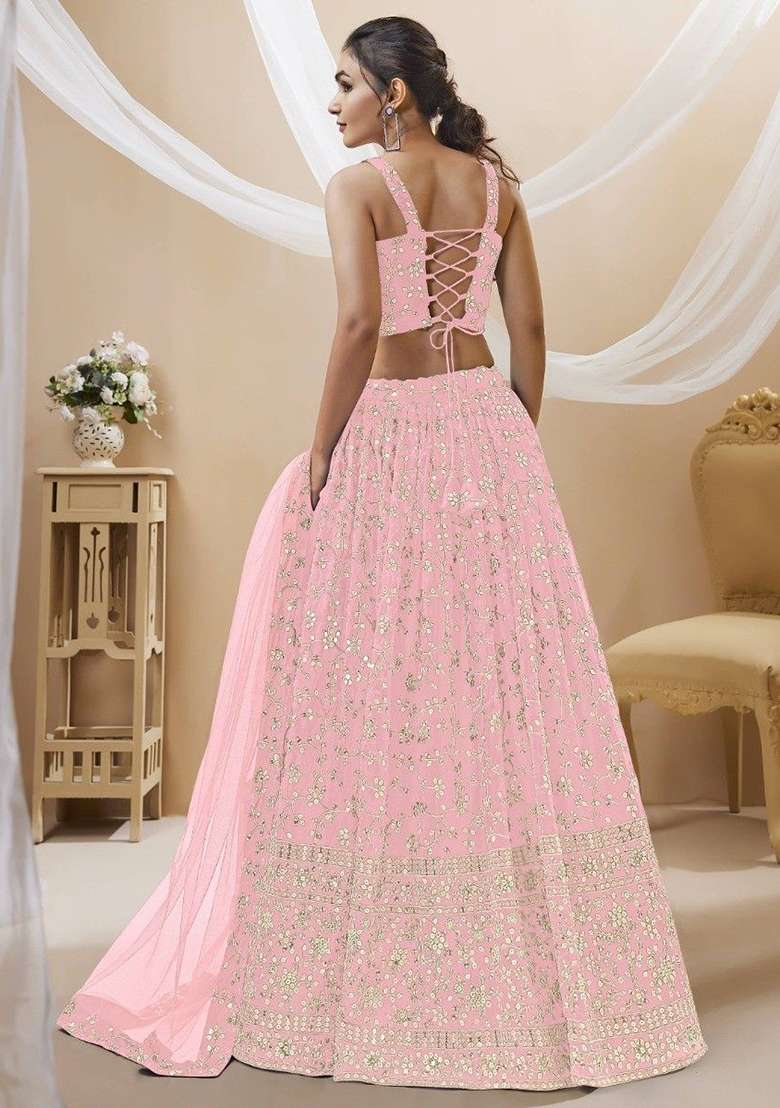 Pink Georgette Lehenga Set with Embroidered & Sequin for Diwali | Wedding & Festive Wear - Indya