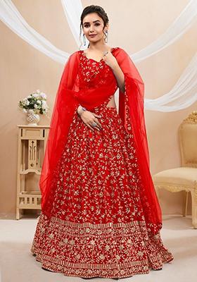 Red Embroidered Georgette Lehenga Set