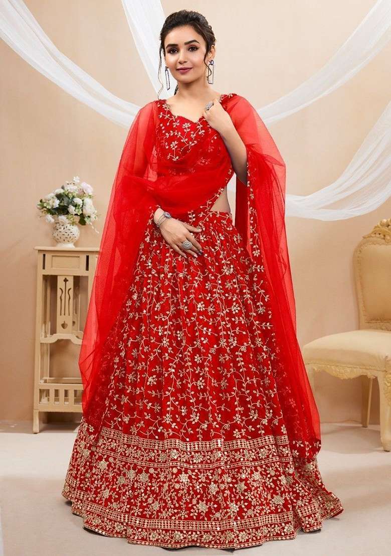 Red Embroidered Georgette Lehenga Set for Diwali and Festive Wear - Indya